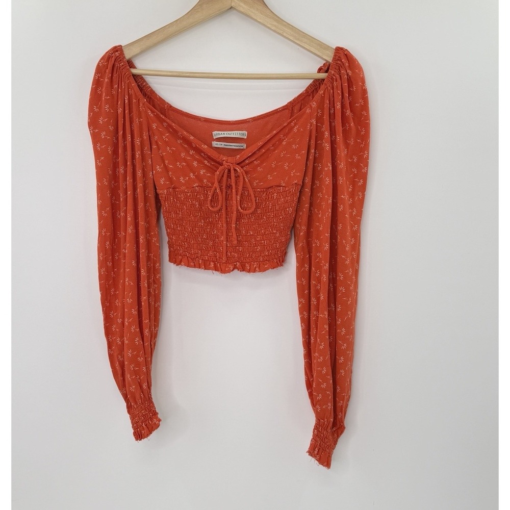 Urban Outfitters Orange Floral Puff Sleeve Smocked Cropped Top XS Festival‎ Boho